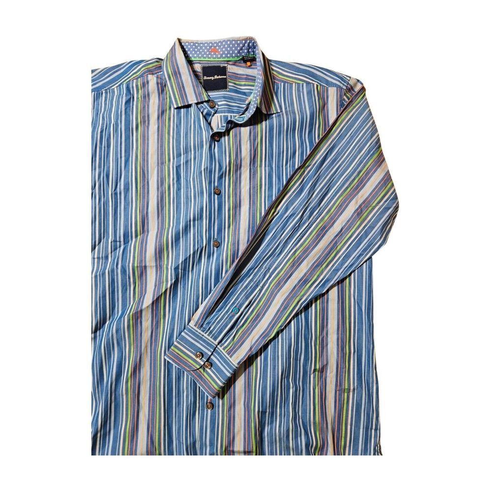 Tommy Bahama Long Sleeve Button Down Blue Striped Shirt Cotton Men's L‎